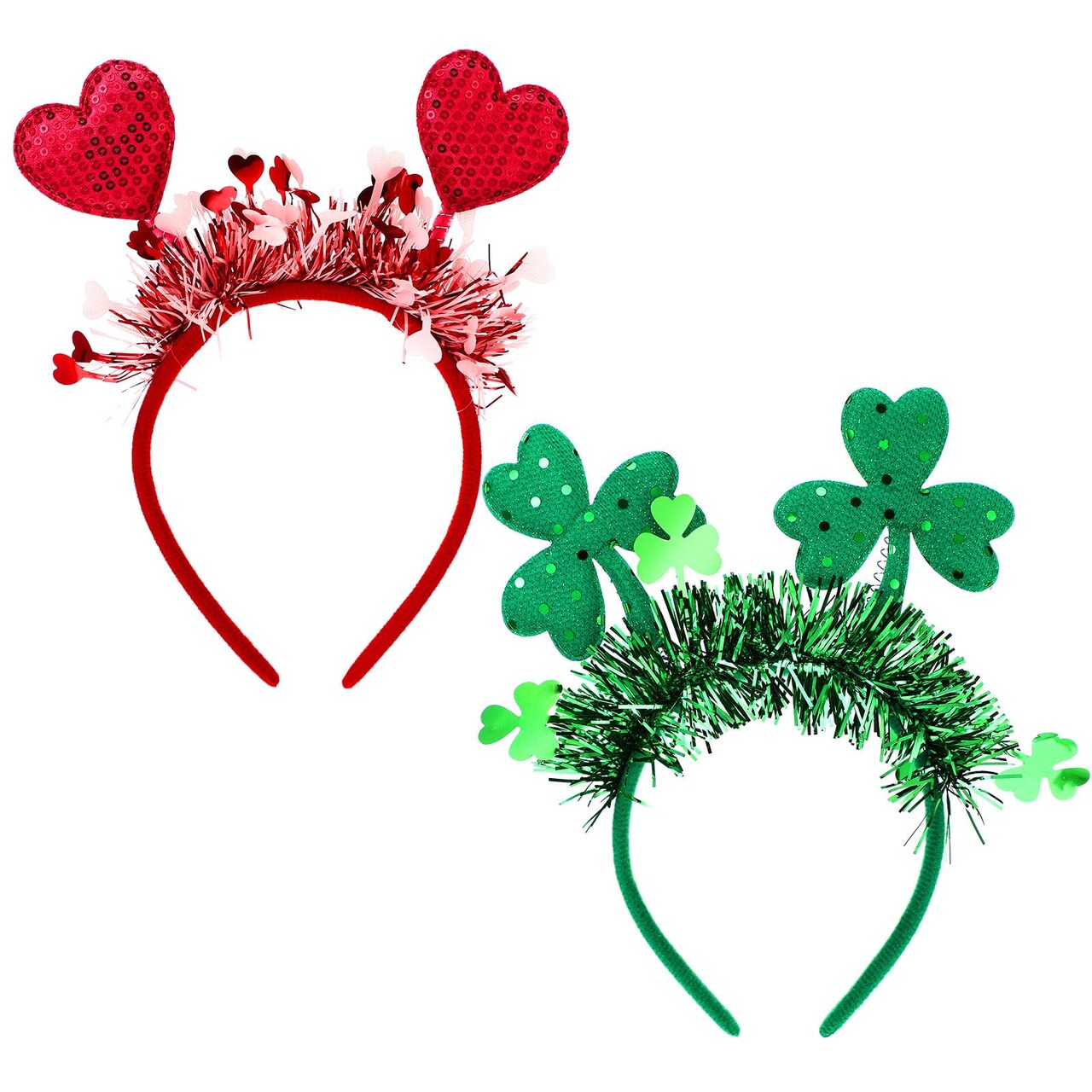 2 Pcs Valentine's Day St. Patrick's Day Headbands Set Sequin Heart and Green Clover Glittery Hair Accessories for Women Men Party Gift Decoration